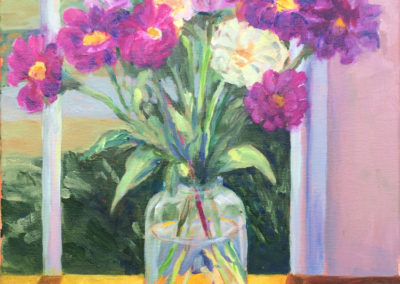 zinnias on sunny table bart levy art oil painting