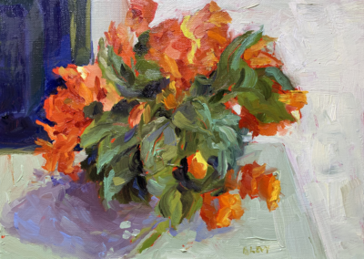 Begonias on a porch table, original oil painting by bart levy