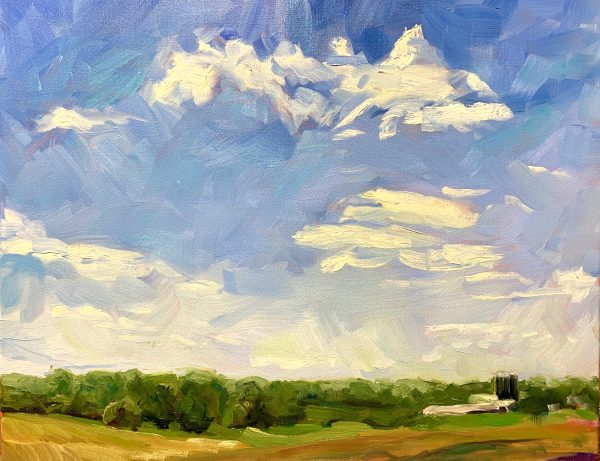 farm with black silos, original oil painting by Bart Levy
