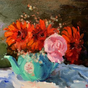 Red flowers in a green teapot, original oil painting by bart levy